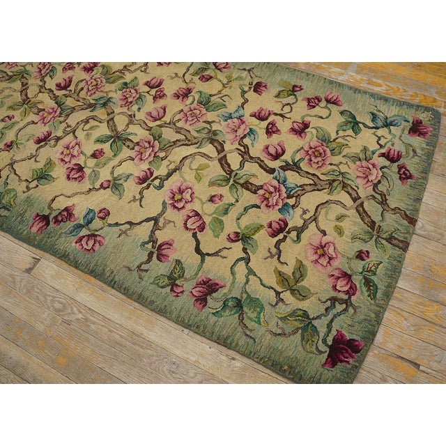 1930s Ivory Green Tree of Life Folk Art American Hooked Rug Rug 3'4" X 12 Hand Knotted Wool-Cotton Carpet For Sale In New York - Image 6 of 6