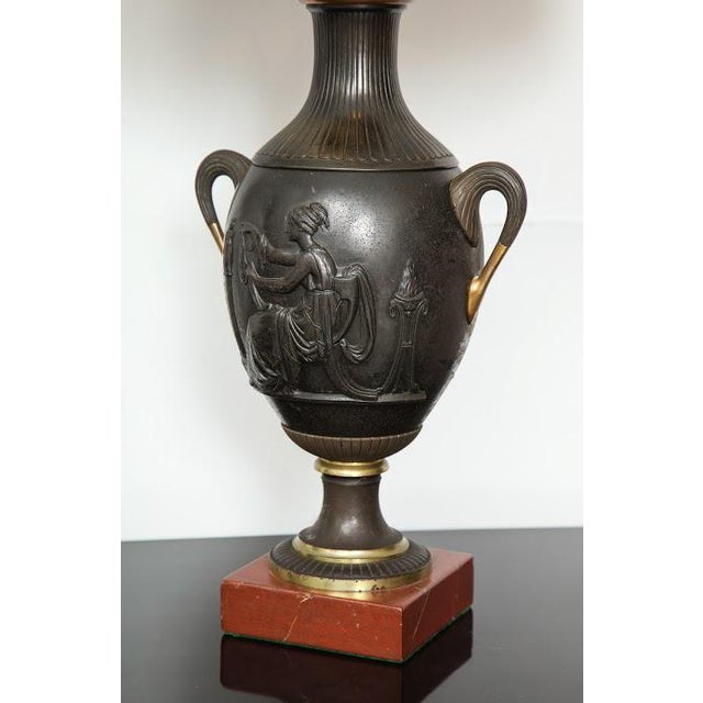 Pair of Antique French Bronze Urn Lamps in the Neoclassic Manner For Sale - Image 4 of 7