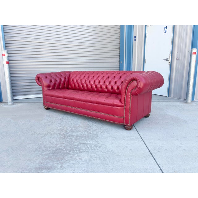 1980s Vintage Classic Chesterfield Tufted Red Leather Sofa For Sale - Image 4 of 11