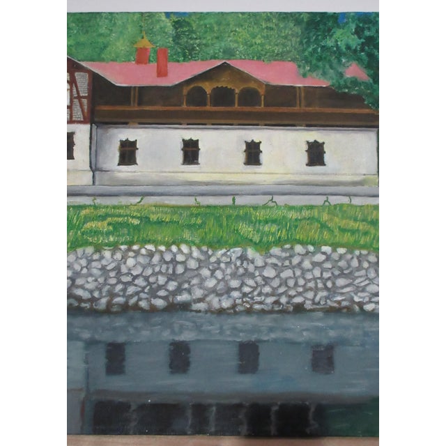 Original Oil on Canvas Painting Estate Home W/ Stone Wall & Reflection - Unsigned 20x16" For Sale - Image 4 of 6