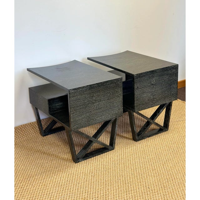 Vintage Modern Cantilever Dark Green Cerused Nightstands or Side Tables – a Pair For Sale - Image 9 of 12