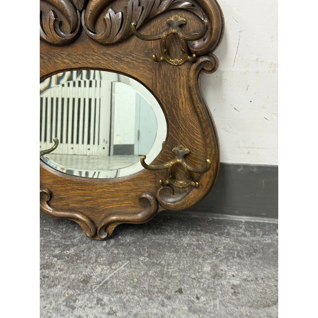 Brown Circa 1920's Tiger Oak Wood Wall Mirror With Hanging Hooks For Sale - Image 8 of 12