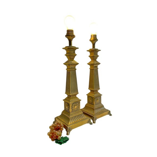 Large Footed Brass Roman Column Table Lamps, 1950s, Set of 2 For Sale - Image 10 of 13