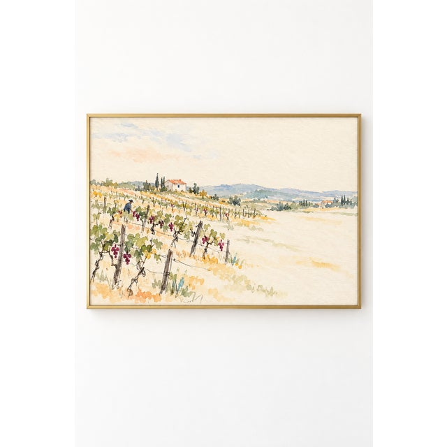 Rows of grapevines lead toward a small farmhouse and distant rolling hills in this sunlit vineyard landscape art print....