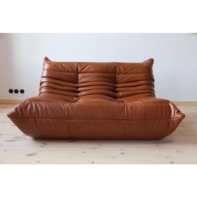 Animal Skin Cognac Brown Leather Togo Living Room by Michel Ducaroy for Ligne Roset, Set of 5 For Sale - Image 7 of 13