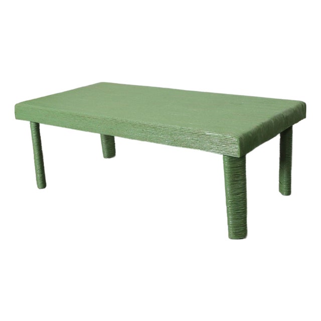 Vintage Mint Green Jute Wrapped Wooden Coffee / Cocktail Table For Sale
