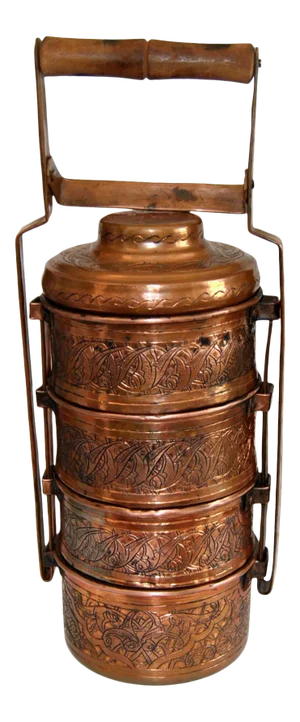 Antique 1920s Indian Copper Dabba Canteen Hand Engraved Four Compartments Tiffin Box