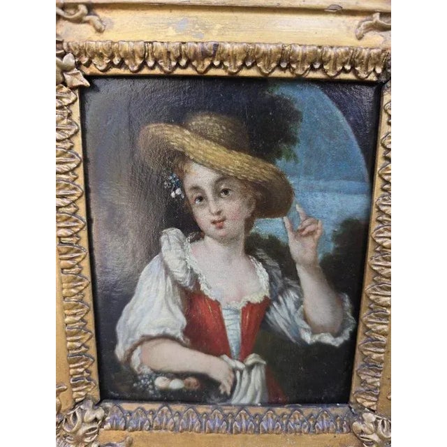 Young Shepherdesses, 1870, Oil Paintings on Panel, Set of 2 For Sale - Image 7 of 11