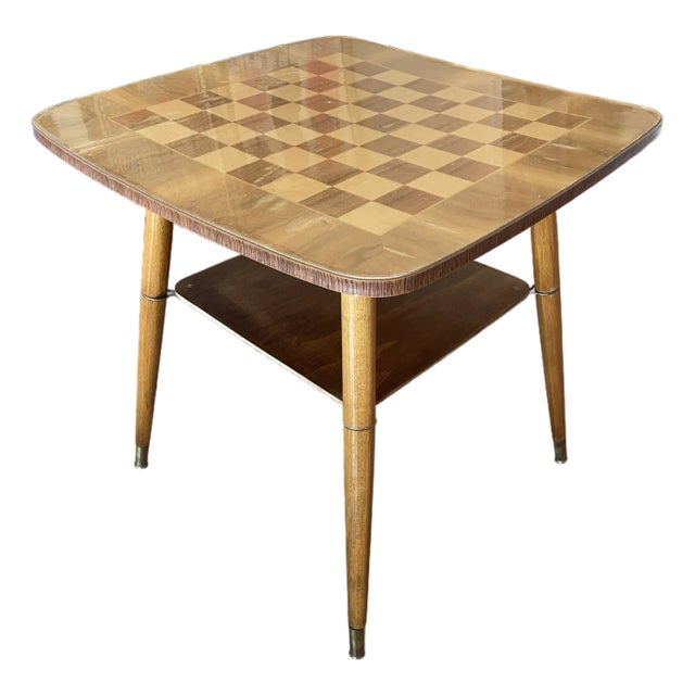 1950s Vintage German Inlaid Wood Chess Table Side Double Decker Magazine Telephone For Sale
