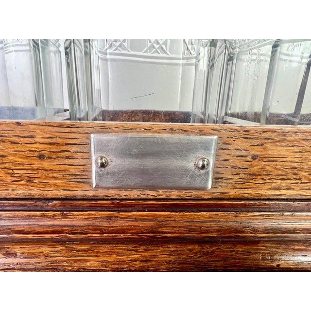 Victorian Decanter Set in Oak Caddy, Crystal & Metal, England, 19th C. For Sale - Image 14 of 17