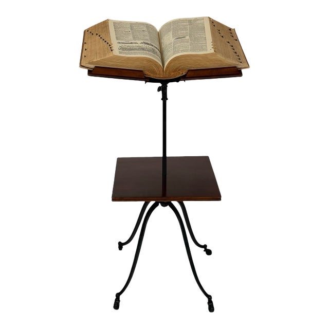 Victorian Cast Iron & Mahogany Adjustable Lectern Display Book Stand With Oversized 1940s Dictionary For Sale