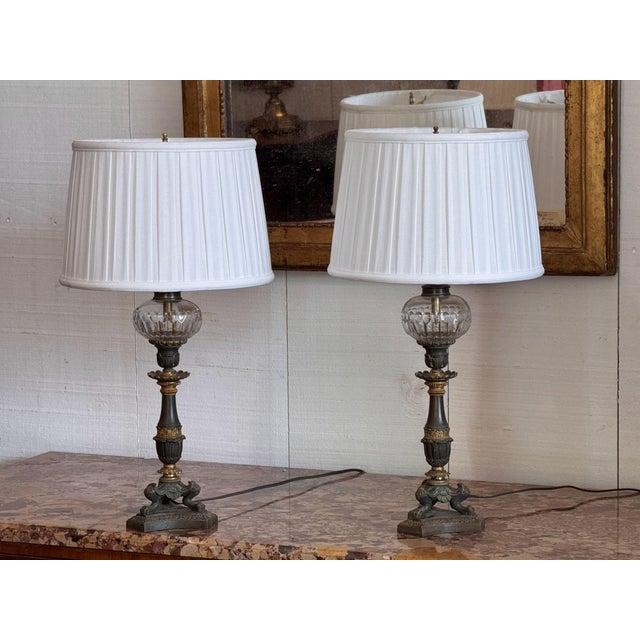 French Early 19th Century French Empire Lamps With Cut Glass Fonts - Pair For Sale - Image 3 of 12