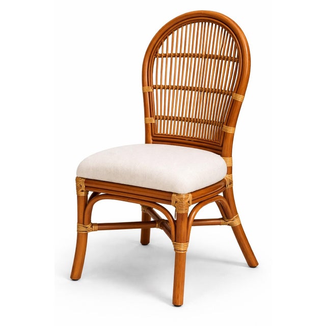 Traditional Late 20th Century Ratana Palm Beach Regency Rattan Dining Set – 5 Piece Round Glass Top Table With Newly Upholstered Linen Chairs For Sale - Image 3 of 11