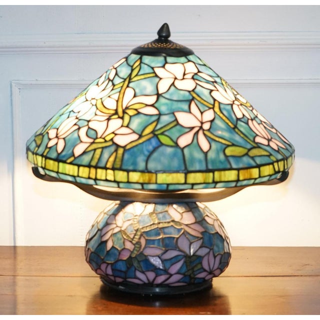 Art Nouveau Floral Lamp in Tiffany Style Stained Glass For Sale - Image 10 of 12