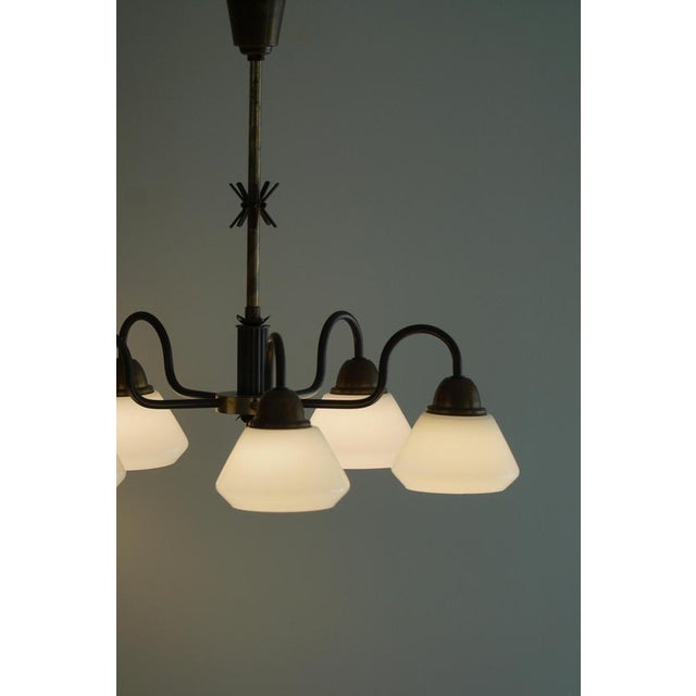 Danish Modern Five-Headed Chandelier in Opal Glass and Brass, 1940s For Sale - Image 3 of 18