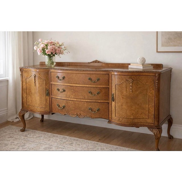 Museum-quality 1920s/30s Renaissance Revival sideboard. Featuring stunning book-matched burl walnut veneers and mahogany-...