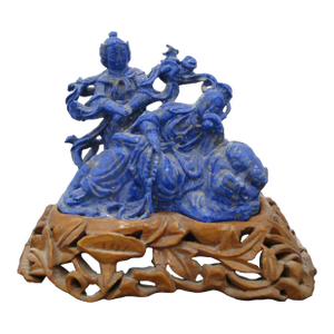 Chinese Carved Lapis Lazuli 2 Figures & a Beast Figurine on Wood Stand
