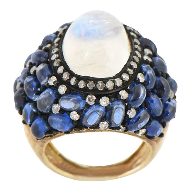 Moonstone, Kyanite and Diamond Cocktail Ring Size 7.25 For Sale