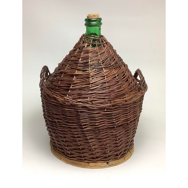 French Country Antique Demijohn Green Glass Bottle in Original Basket For Sale - Image 3 of 6