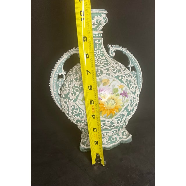 Japanese Moriage Double Handle Bottle Vase Hand Painted Floral Porcelain 10” For Sale - Image 9 of 11