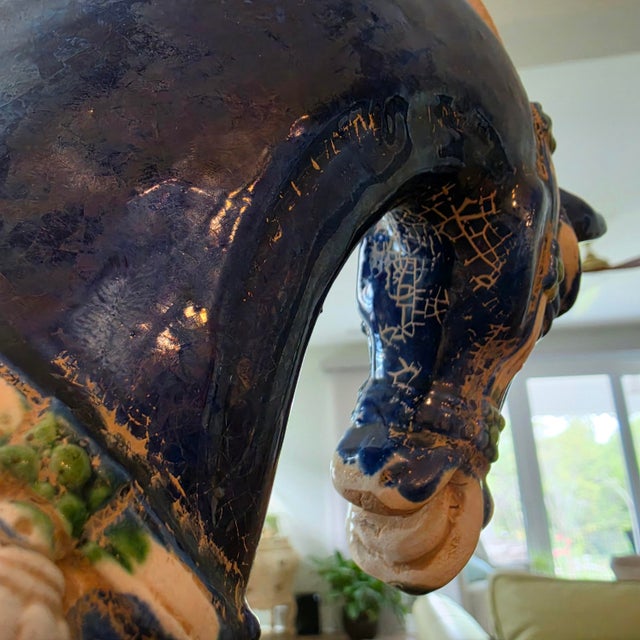 Beijing Niren Zhang Tang Style Cobalt Sancai Glazed Horse & Rider Figurine - 17" For Sale - Image 4 of 16