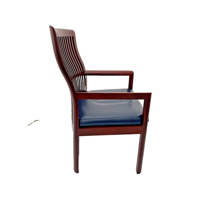 Contemporary 1990s Vintage Curved Spindle Back Mahogany Arm Chair with Blue Leather Seat For Sale - Image 3 of 10