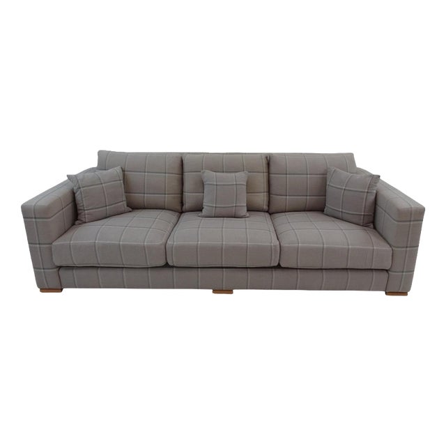 Large Square Arm Sofa in Soft Grey Check Fabric by George Smith For Sale