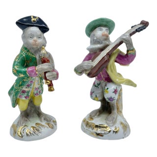 Antique Porcelain Musical Monkey Statues - a Set of Two For Sale