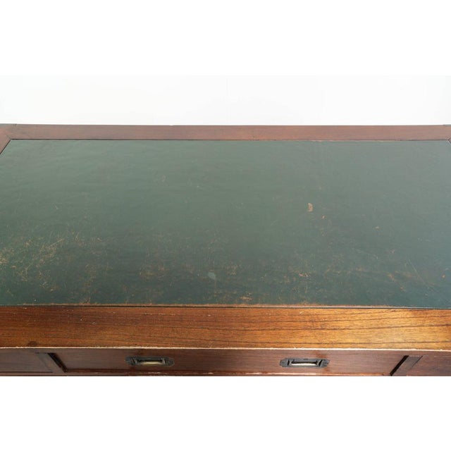 Wood Wooden English Desk with Brass Elements and Green Leather Top For Sale - Image 7 of 14