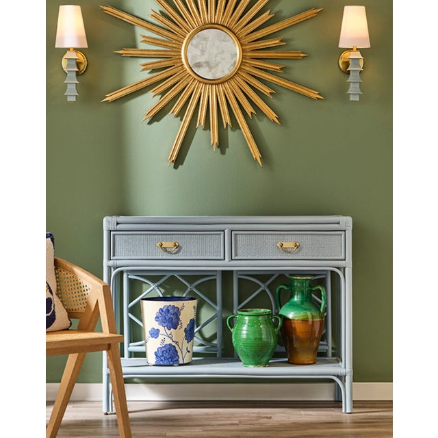 New special order item. Not vintage. Introducing the Gideon Light Blue Two Drawer Console Table! With its unique rattan...