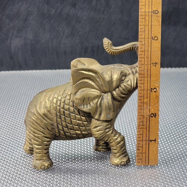 Brass 1950s Etched Solid Brass Elephant Figurine Trunk Up For Sale - Image 8 of 13