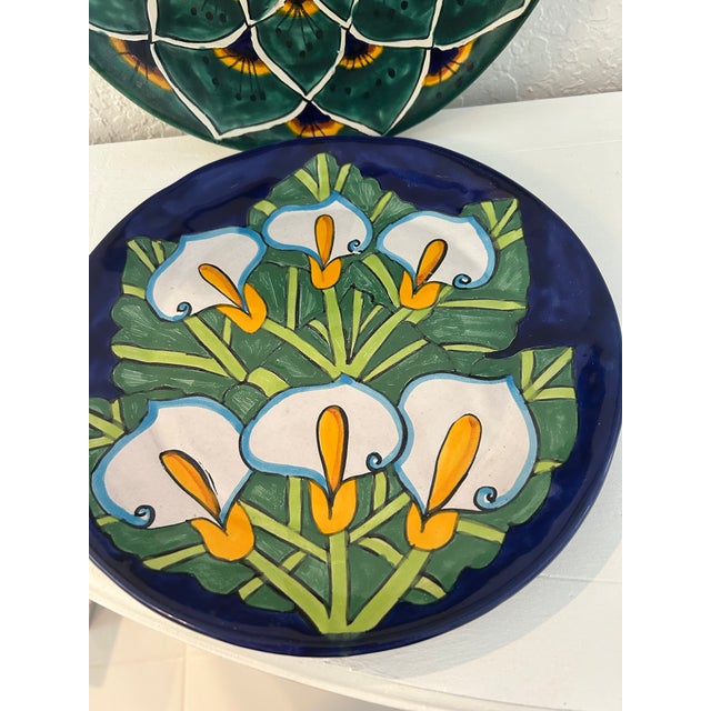 Folk Art Vintage Mexican Talavera Wall Chargers, a Pair For Sale - Image 3 of 5