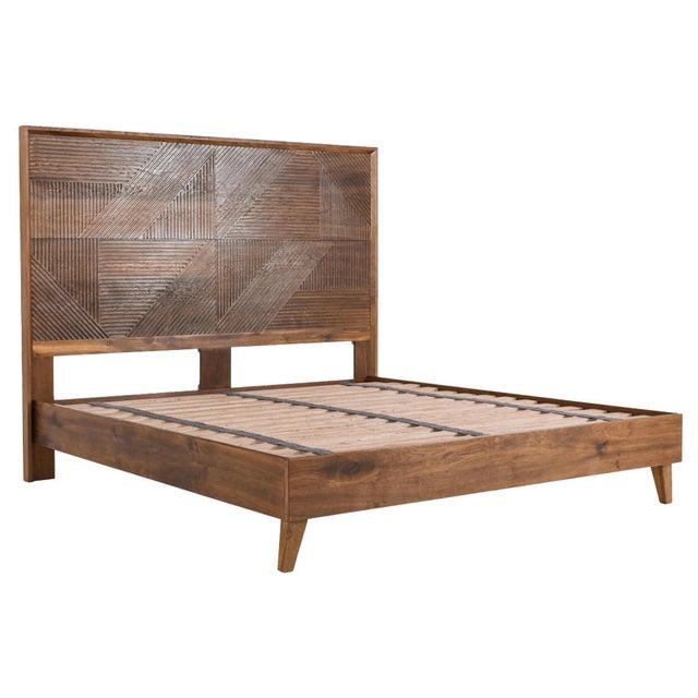 Oak queen bed frame with geometric carved headboard and beveled edges. This piece will bring warmth and style into any...