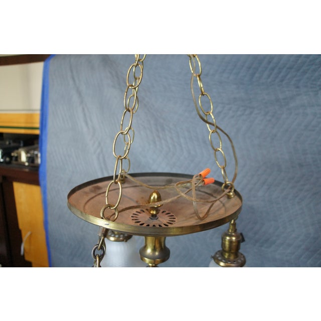 Metal Antique Victorian Brass Ruffled Glass 3 Light Parlor Pendant Light Chandelier For Sale - Image 7 of 13