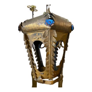 1900 Art Nouveau Gold and Blue Painted Iron Lantern For Sale