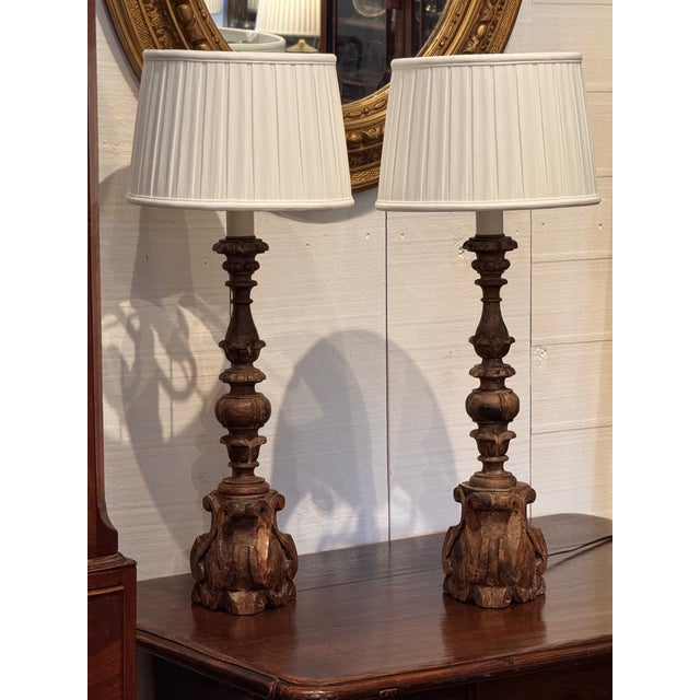 19th Century Carved Altar Stick Table Lamps - a Pair For Sale - Image 6 of 10
