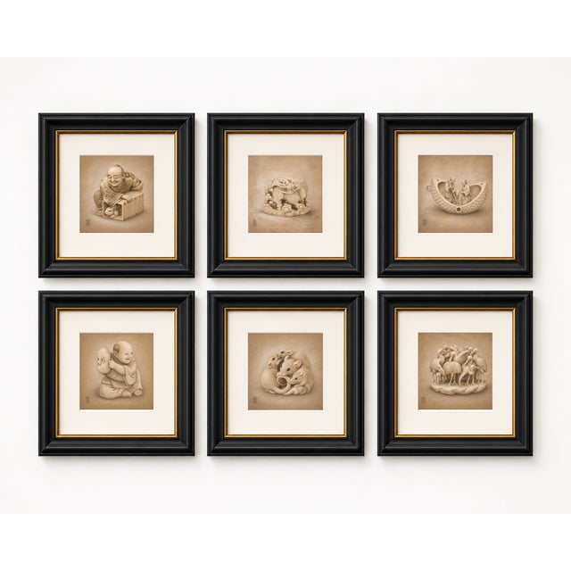 Japanese Edo Netsuke Archive Tadelakt Texture 8 by 8 Square Gallery Board Prints Set of 6 For Sale - Image 4 of 17