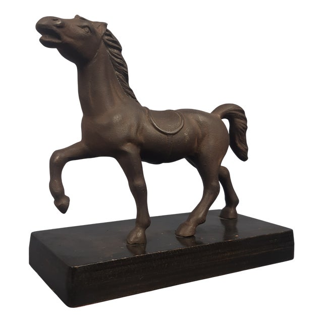 Vintage Cast Iron Horse Sculpture on Wooden Base, 1950s For Sale