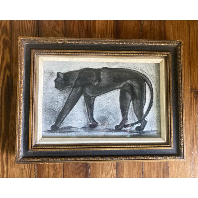 Folk Art Style Original Framed and Signed Charcoal Drawing of a Black Cat For Sale - Image 4 of 6