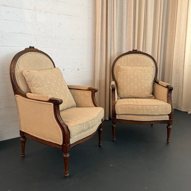 French Pair of Mid-Century Louis XVI Style Carved Walnut Bergère Armchairs For Sale - Image 3 of 9