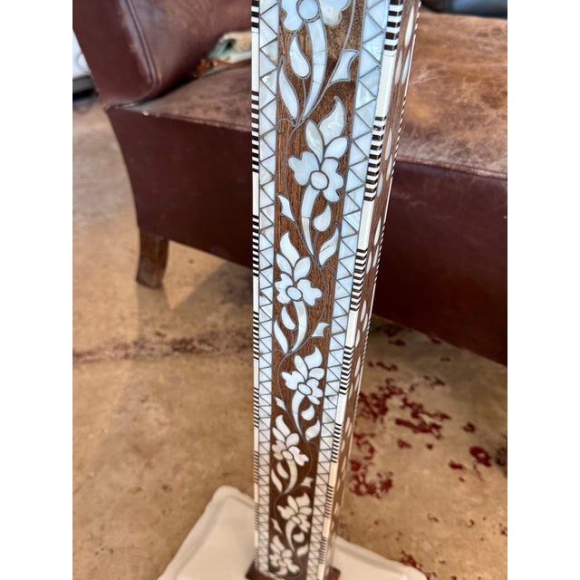 Vintage Damascus Mother-of-Pearl Inlay Pedestal Side Table With Natural Marble Base For Sale - Image 9 of 9