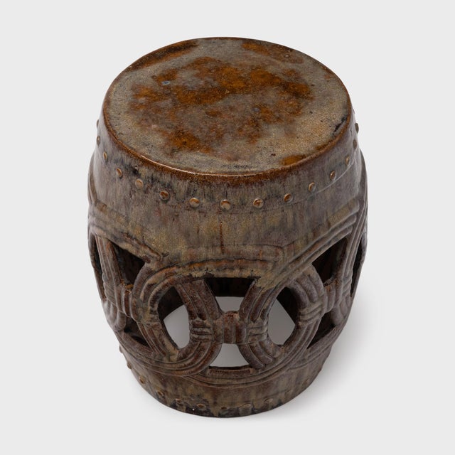 Chinese Caramel Brown Prosperity Garden Stool For Sale - Image 3 of 5