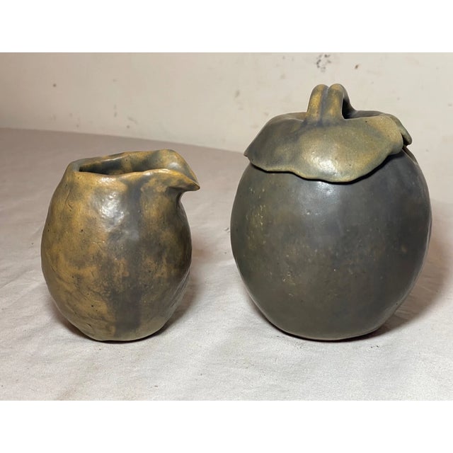 Antique Signed Japanese 3 Piece Studio Green Pottery Teapot Set Sugar Creamer For Sale - Image 13 of 18