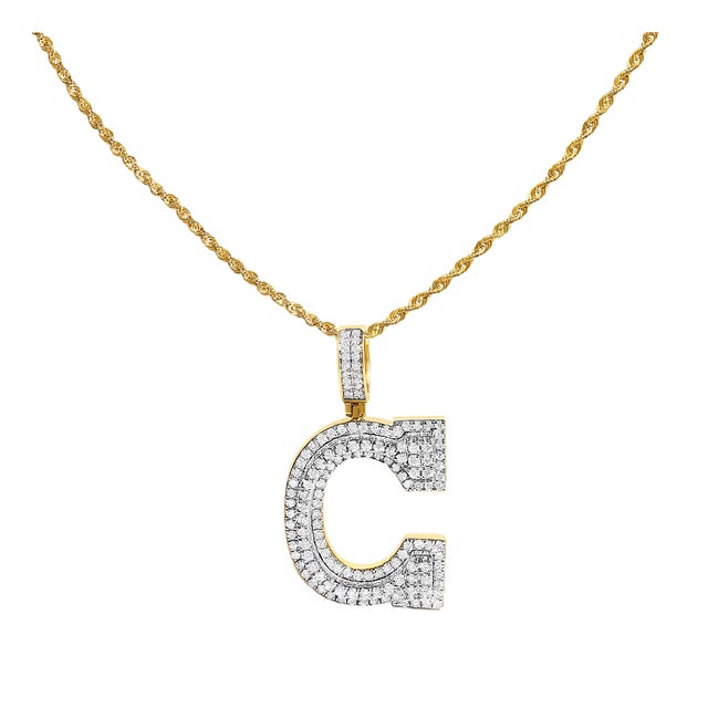 Men's 10K Yellow Gold 1 3/4 Cttw Diamond Letter C Initial Pendant Necklace For Sale