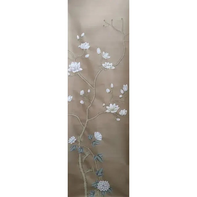 Chinoiserie Chinoiserie Magnolia Flowers Mural Hand Painted Wallpaper - 3 Panels For Sale - Image 3 of 4