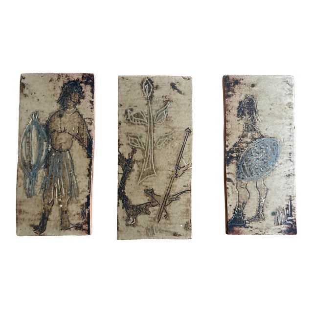 Vintage Figural Triptych Tile Plaques | Primitive Warrior Motif, Hand-Rendered, Signed For Sale