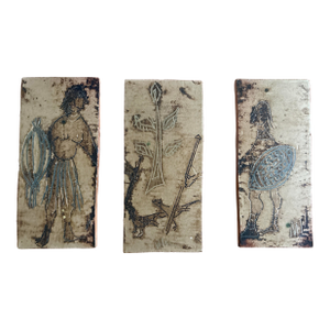 Vintage Figural Triptych Tile Plaques | Primitive Warrior Motif, Hand-Rendered, Signed