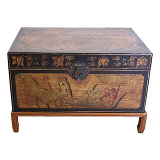 Early 20th Century Chinese Yangjiang Lacquered Leather Trunk Chest With Calligraphy For Sale