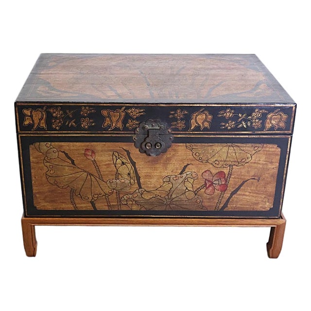 Early 20th Century Chinese Yangjiang Lacquered Leather Trunk Chest With Calligraphy For Sale