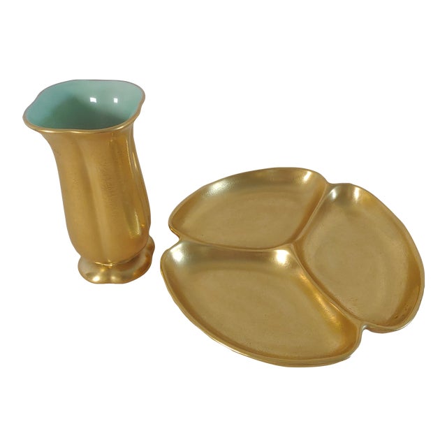 Mid-Century Gold Pickard Tabletop Accesories- Set of 2 For Sale